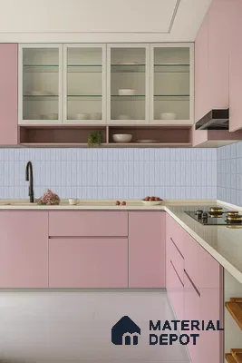 Pastel Kitchen with Pink Cabinets, Faux Subway Tile Backsplash, Glossy White Countertop & Minimal Brass Accents | Material Depot