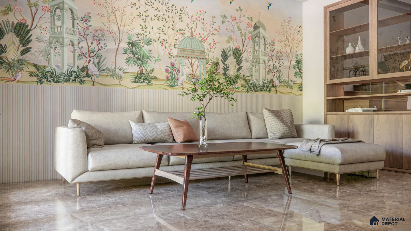 Pastel Paradise Living Room with Architectural Mural and Soft Fluted Paneling | Material Depot