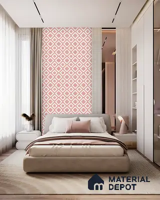Pastel Pink Geometric Accent Wall with Fluted Panels, Upholstered Bed & Wooden Flooring in Prestige Misty Waters Hebbal | Material Depot