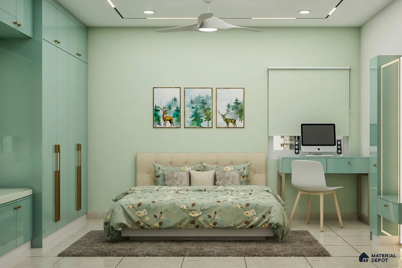 Bedroom with pastel green walls, floral bedspread, and wall art