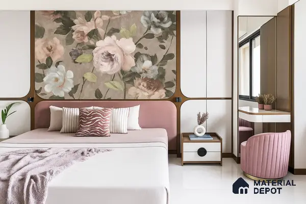 Pastel-Tone Bedroom with Artistic Floral Backdrop, Plush Pink Seating, Warm Wood Details & Seamless Storage in Prestige Kensington Gardens Jalahalli | Material Depot