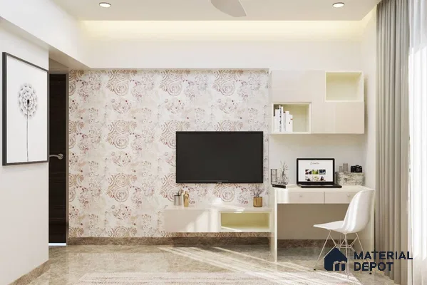 Contemporary TV Unit with Beige Patterned Wallpaper