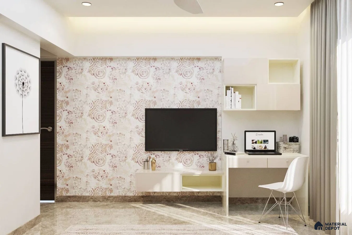 Contemporary TV Unit with Beige Patterned Wallpaper