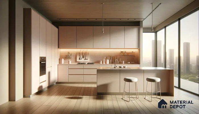 Peachy Modern Kitchen with Cityscape Views and Soft Hues | Material Depot