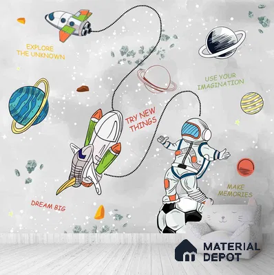 A close-up of a Personalised Space Kids Room Wallpaper, Colorful Sparkla N Shine Series Space Design (Customised Size Wallpaper) with a finish available at Material Depot in Bangalore