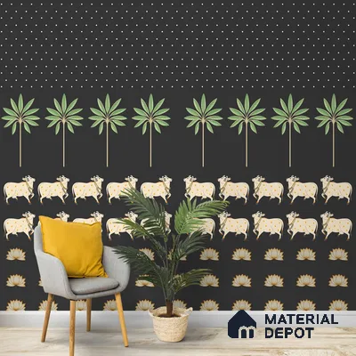 A close-up of a Pichwai Cow Painting Inspired Wallpaper for Walls, Customised Indrani Series Soft Feel Tropical Design (Customised Size Wallpaper )available at Material Depot in Bangalore
