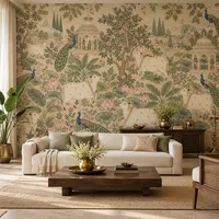 Pichwai-inspired wallpaper featuring cows, peacocks, lotus flowers and leafy vines in a serene Indian living room.