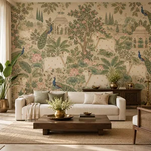 Pichwai-inspired wallpaper featuring cows, peacocks, lotus flowers and leafy vines in a serene Indian living room.