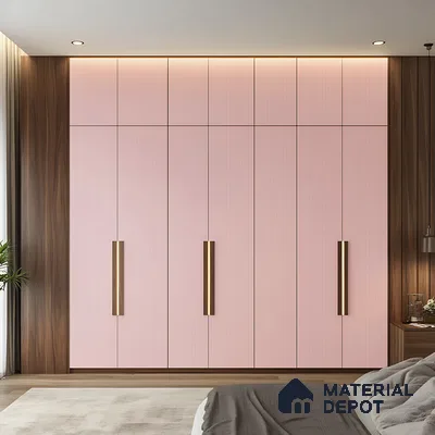 Modern Pink Fluted Wardrobe with Vertical Brass Handles in a Cozy Bedroom | Material Depot
