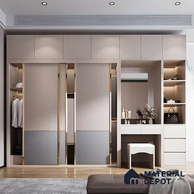 Pink Wardrobe with Vanity and Open Shelving | Material Depot