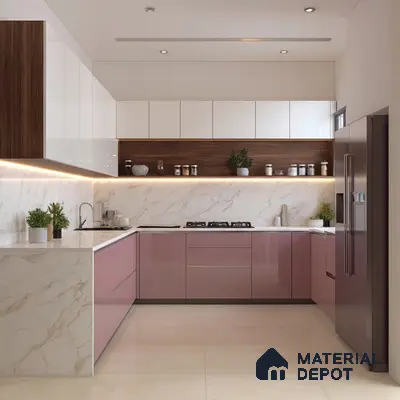 Modern L-shaped kitchen with pastel pink high gloss laminate, white marble-look backsplash, and walnut wood laminate