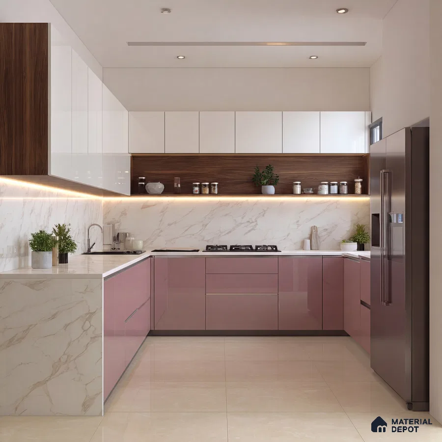 Modern L-shaped kitchen with pastel pink high gloss laminate, white marble-look backsplash, and walnut wood laminate