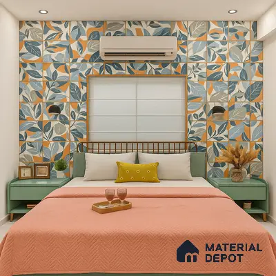Playful Botanical Themed Bedroom with Pastel Furniture & Printed Feature Wall in Prestige Misty Waters, Hebbal | Material Depot