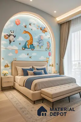 Playful Kids Bedroom with Cartoon Arch Mural, Cove LED Lighting, Oak Wood Flooring, Tufted Bench & Brass Sconces in Prestige Misty Waters Hebbal | Material Depot