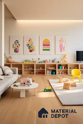 Playful Minimalist Playroom with Pastel Art Accents | Material Depot