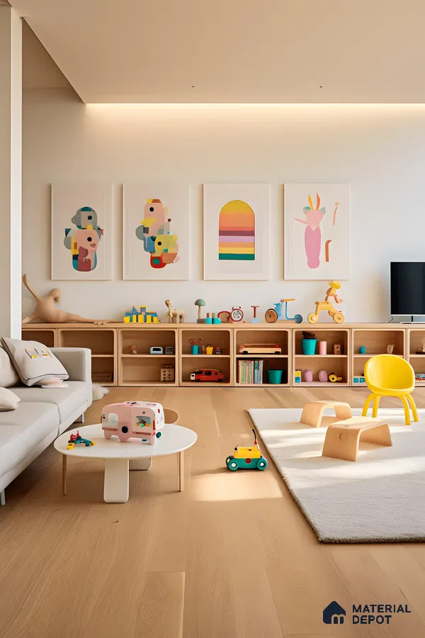 Playful Minimalist Playroom with Pastel Art Accents | Material Depot
