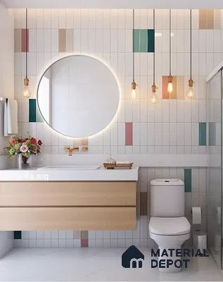 Playful Pastel Bathroom With Vertical Accent Tiles And Warm Lighting | Material Depot