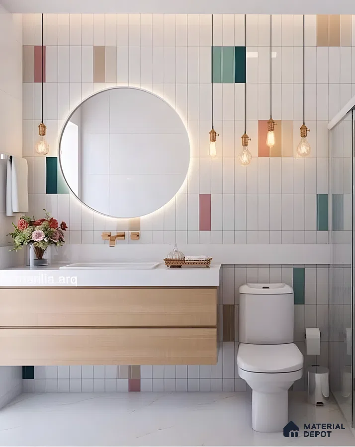 Playful Pastel Bathroom With Vertical Accent Tiles And Warm Lighting | Material Depot