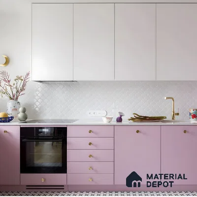 Playful Pastel Charm: A Pink And White Kitchen With Scallop Tiles And Gold Accents | Material Depot
