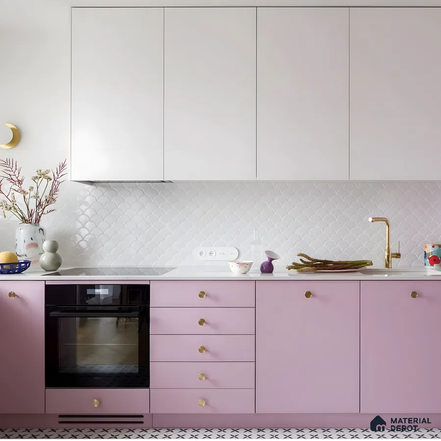 Playful Pastel Charm: A Pink And White Kitchen With Scallop Tiles And Gold Accents | Material Depot