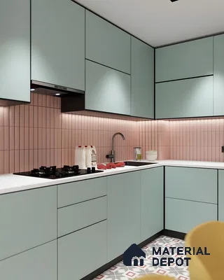 Playful Pastel L-Shaped Kitchen With Mint Cabinets, Pink Backsplash & Patterned Tiles | Material Depot