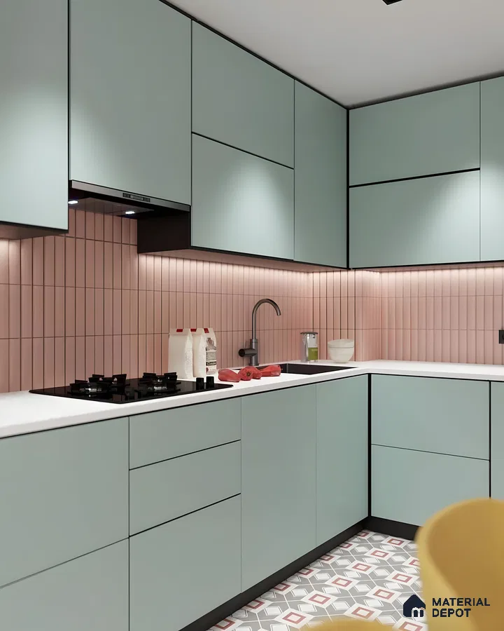 Playful Pastel L-Shaped Kitchen With Mint Cabinets, Pink Backsplash & Patterned Tiles | Material Depot