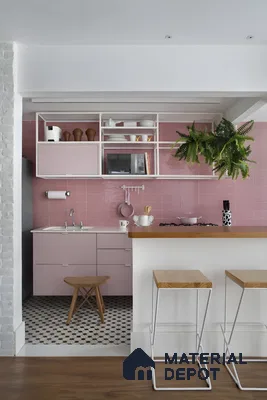 Playful Pink Tile Kitchen With Open Shelves And Natural Wood Accents | Material Depot