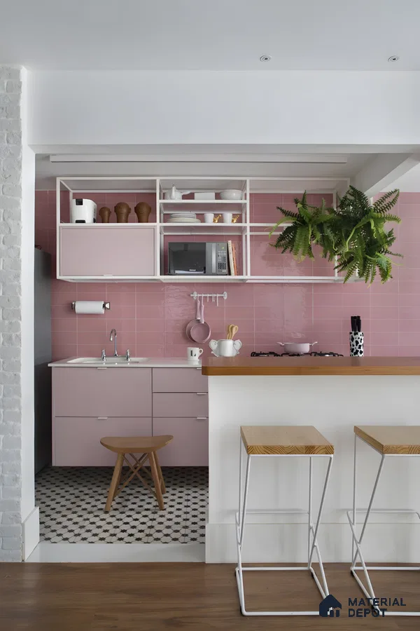 Playful Pink Tile Kitchen With Open Shelves And Natural Wood Accents | Material Depot