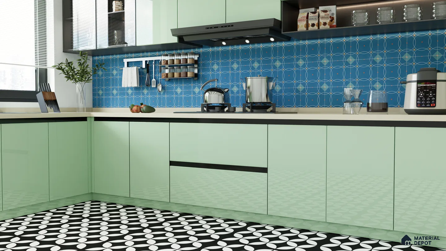 Playful Retro Blue Backsplash in a Pastel Green Kitchen | Material Depot