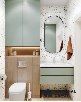 Playful Terrazzo Bathroom With Mint Green Cabinets And Warm Wood Accents | Material Depot