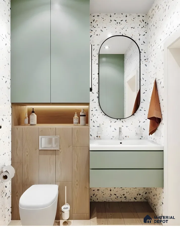 Playful Terrazzo Bathroom With Mint Green Cabinets And Warm Wood Accents | Material Depot