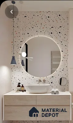 Playful Terrazzo Vanity Wall With Round Backlit Mirror And Wood Cabinetry | Material Depot