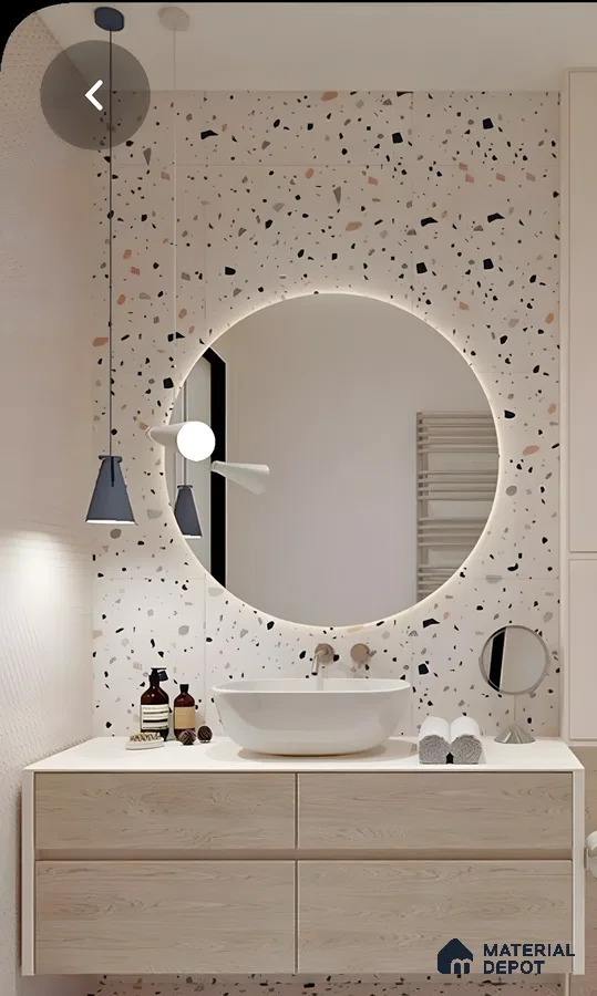Playful Terrazzo Vanity Wall With Round Backlit Mirror And Wood Cabinetry | Material Depot