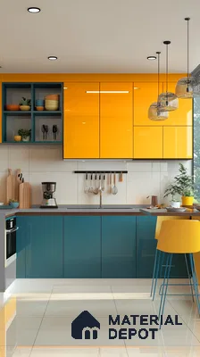 Playful Yellow and Teal Glossy Solid Laminate Kitchen with Open Shelves | Material Depot