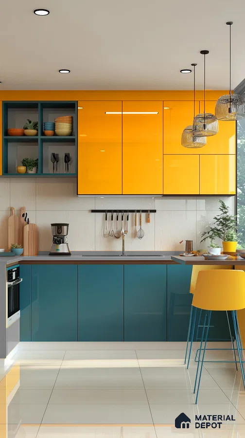 Playful Yellow and Teal Glossy Solid Laminate Kitchen with Open Shelves | Material Depot
