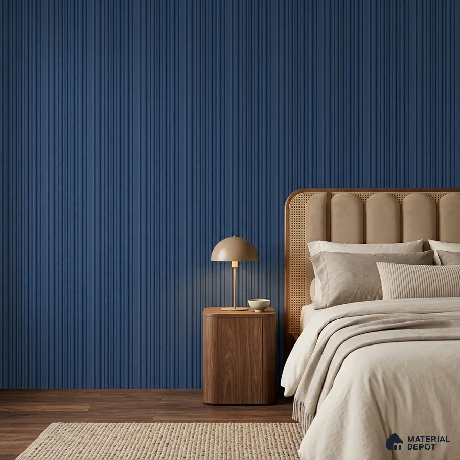 Japandi bedroom with blue fluted wall panels, cane headboard, and walnut wood flooring