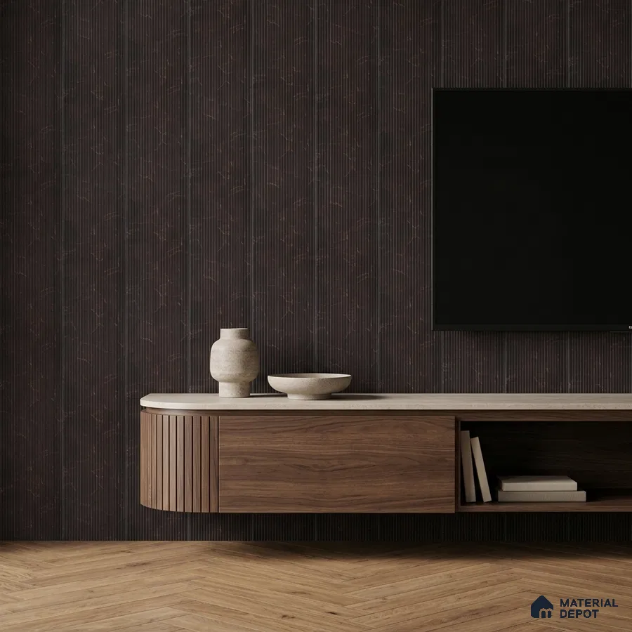 Minimalist TV unit with walnut wood laminate, beige stone top, and dark fluted wall panels