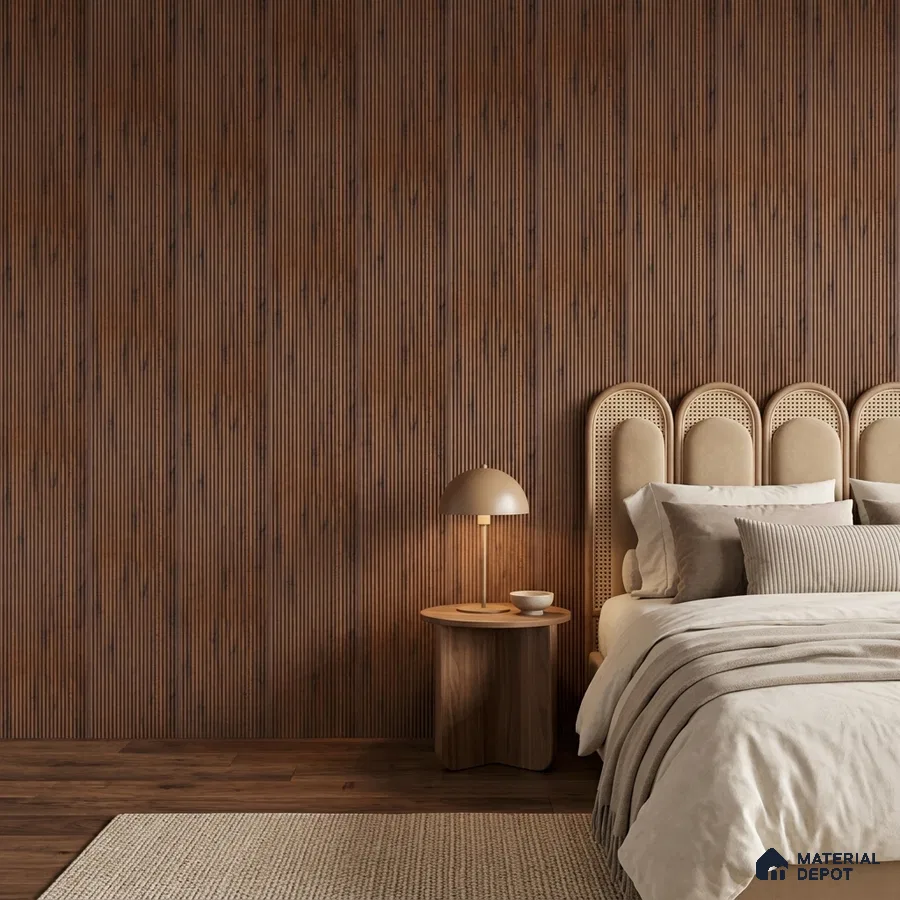 Japandi bedroom with walnut brown fluted wall panels and natural wood flooring