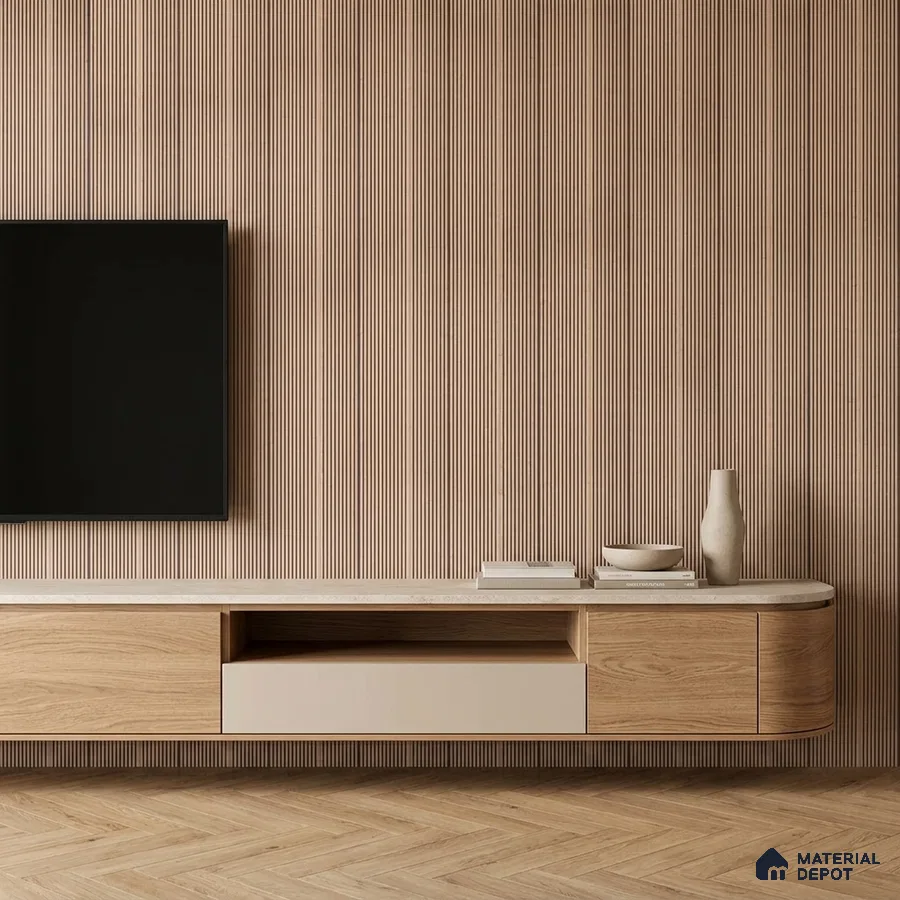 Minimalist TV unit with light oak wood laminate, beige fluted wall panels, and herringbone wooden flooring