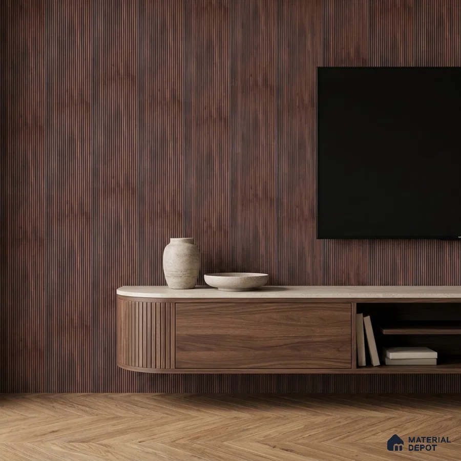 Minimalist TV unit with walnut wood fluted wall panels and light oak herringbone flooring