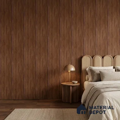 Japandi bedroom with walnut fluted wall panels, cane headboard, and natural wood flooring