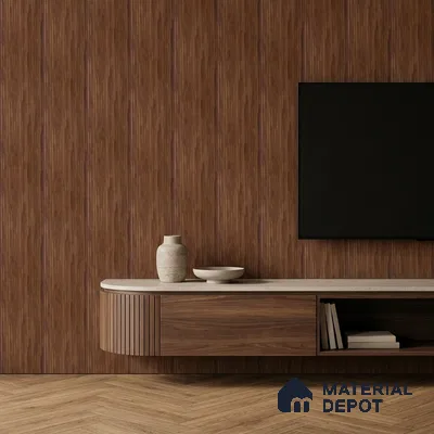 Minimalist TV unit with walnut wood laminate, fluted wall panels, and herringbone wooden flooring
