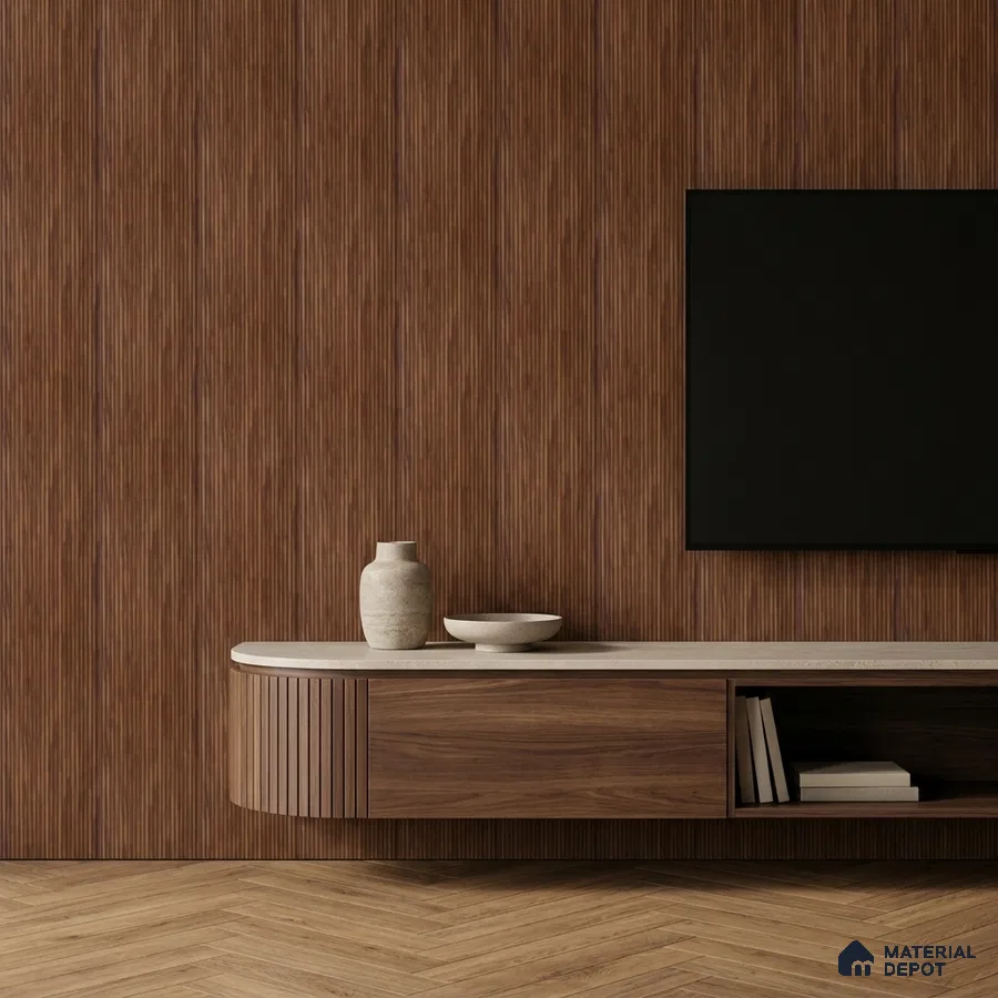 Minimalist TV unit with walnut wood laminate, fluted wall panels, and herringbone wooden flooring