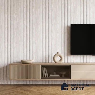 Minimalist TV unit with beige fluted laminate, light wood floating cabinet, and herringbone wooden flooring