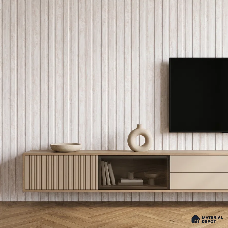 Minimalist TV unit with beige fluted laminate, light wood floating cabinet, and herringbone wooden flooring