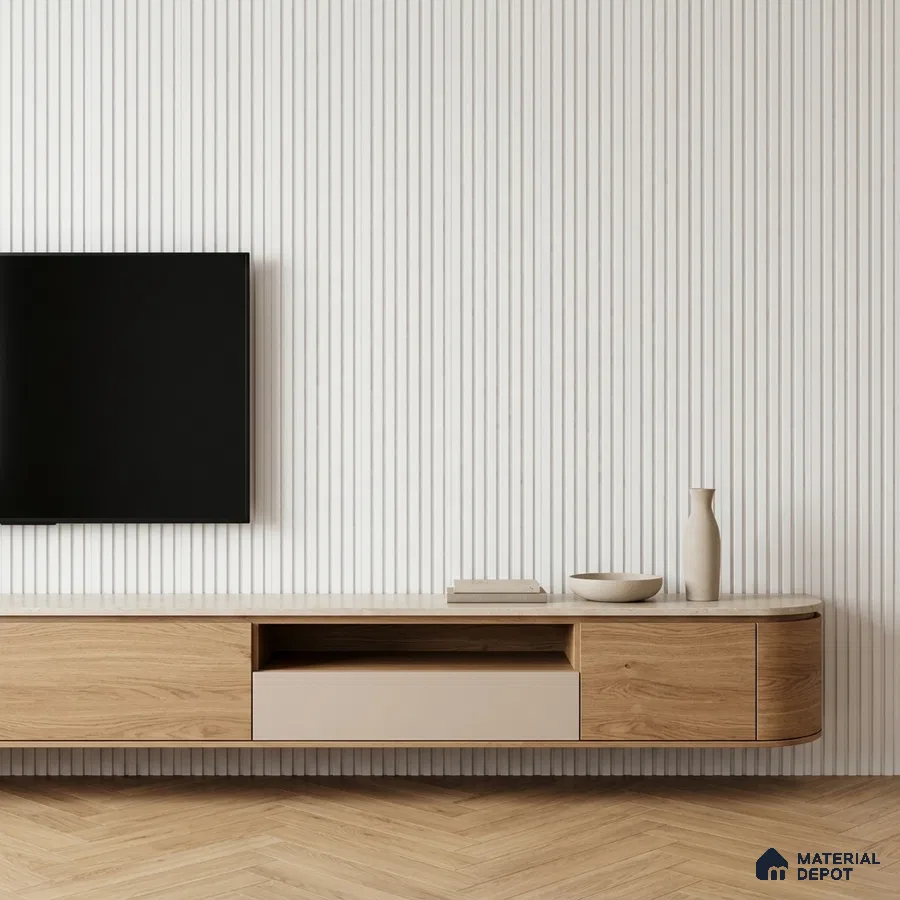 Minimalist TV unit with light oak wood laminate, beige solid laminate, and white fluted wall panels