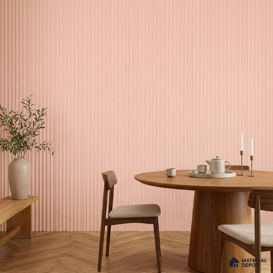 Scandinavian dining room with pastel pink fluted wall panels and natural oak wood furniture