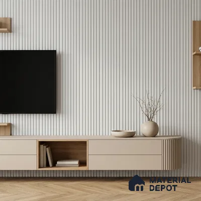 Scandinavian TV unit with beige matte laminate, oak wood open shelf, and white fluted wall panels