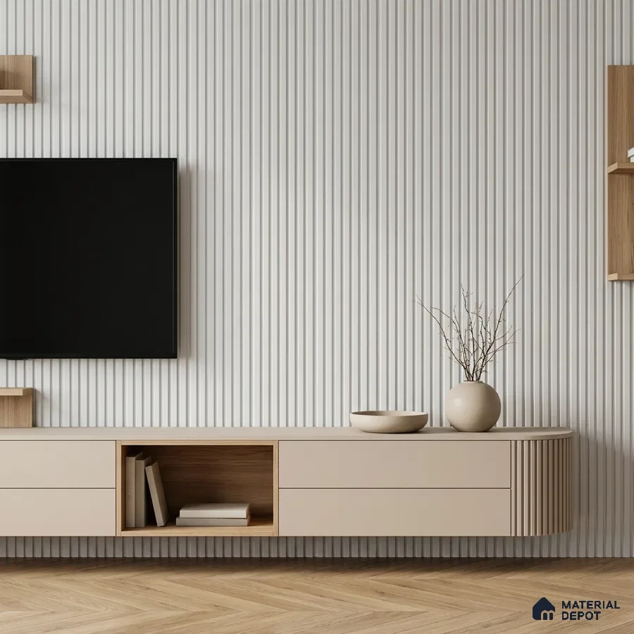 Scandinavian TV unit with beige matte laminate, oak wood open shelf, and white fluted wall panels