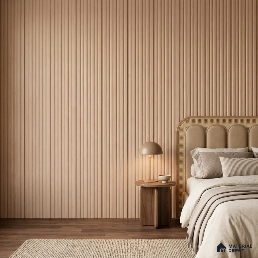 Japandi bedroom with natural wood fluted wall panels and beige suede upholstered bed